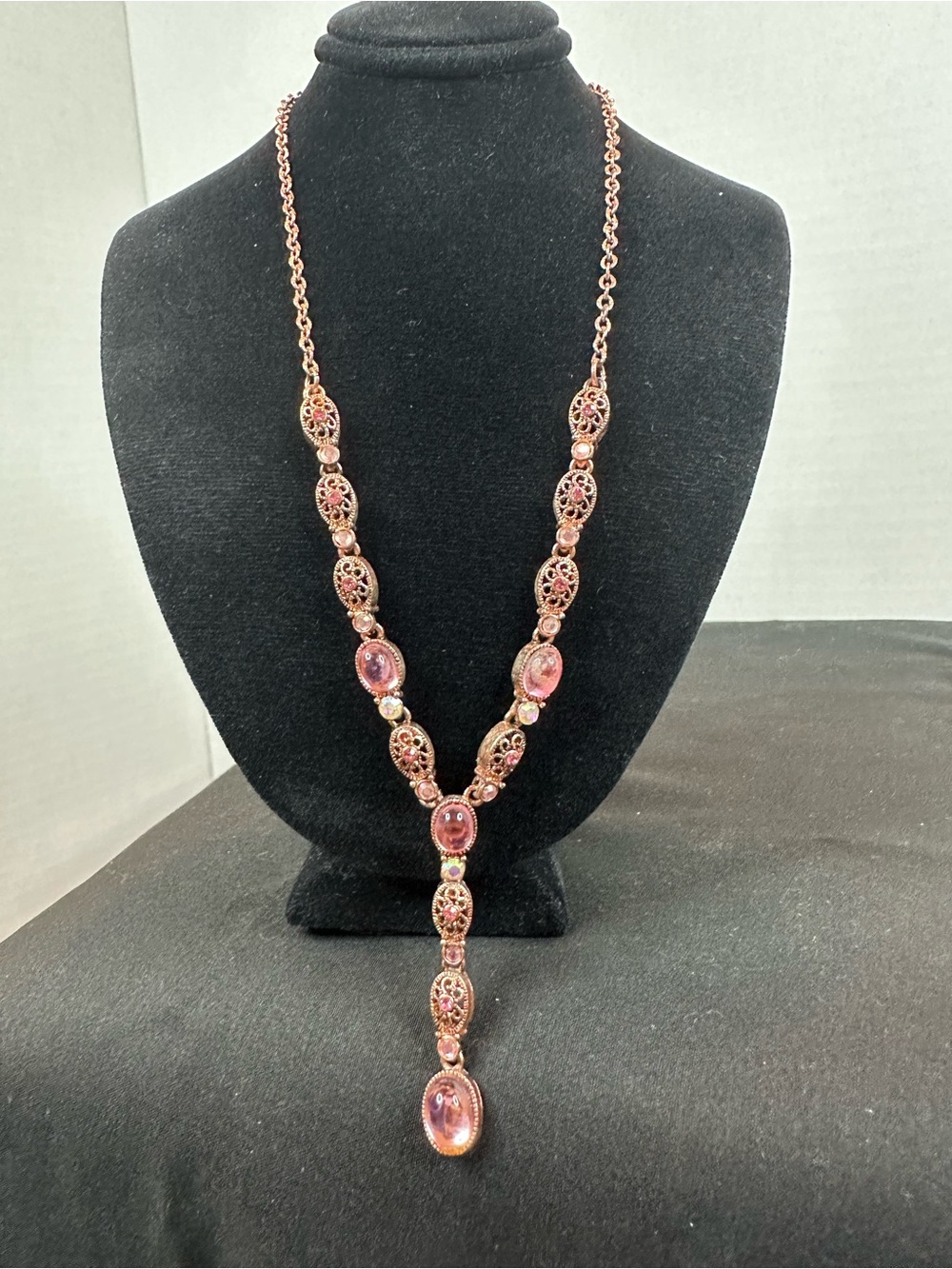 Sulton Rose Gold Tone Pink Crystal Filigree Y Drop Necklace